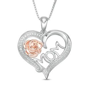 ZALES Diamond Accent Solitaire "MOM" and Rose in Heart Pendant